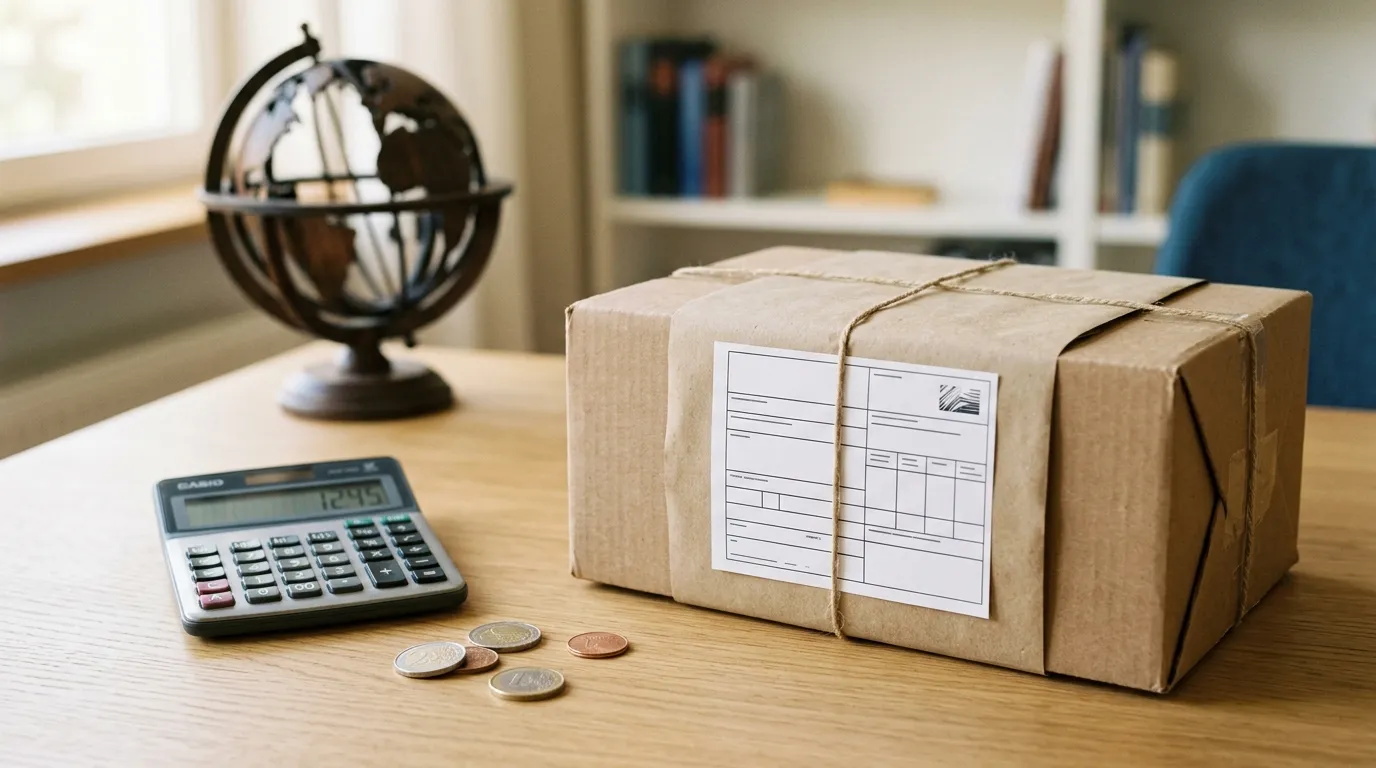 Paket aus dem Ausland mit Rechner und Münzen als Symbol für Einfuhrabgaben.